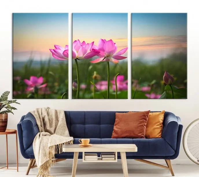 The room features a museum-quality Pink Flower on the Mountain Canvas Print, showcasing blooming pink flowers against a sunset on hand-assembled canvas.