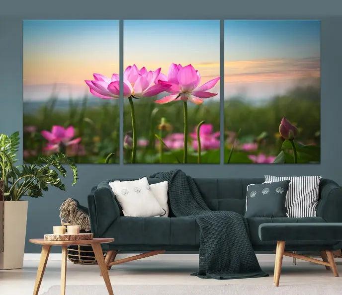 The room features a museum-quality Pink Flower on the Mountain Canvas Print, showcasing blooming pink flowers against a sunset on hand-assembled canvas.