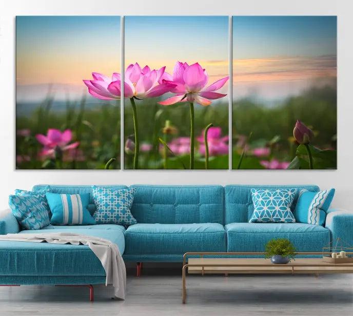 The room features a museum-quality Pink Flower on the Mountain Canvas Print, showcasing blooming pink flowers against a sunset on hand-assembled canvas.