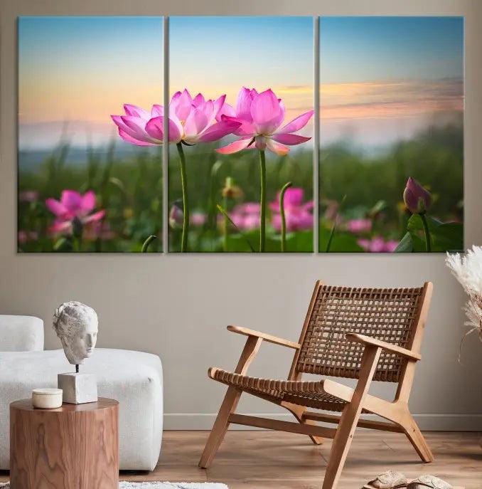 The room features a museum-quality Pink Flower on the Mountain Canvas Print, showcasing blooming pink flowers against a sunset on hand-assembled canvas.