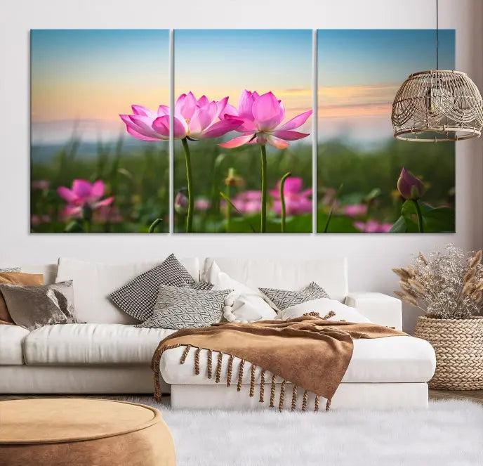 The room features a museum-quality Pink Flower on the Mountain Canvas Print, showcasing blooming pink flowers against a sunset on hand-assembled canvas.