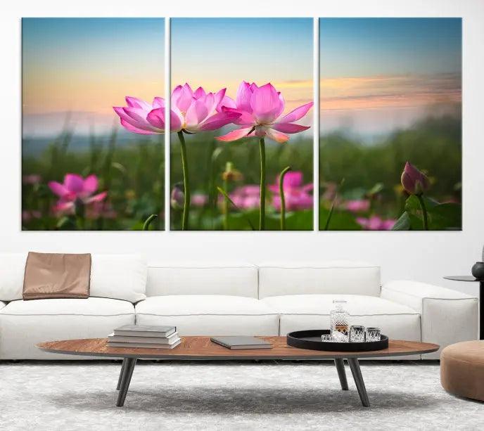 The room features a museum-quality Pink Flower on the Mountain Canvas Print, showcasing blooming pink flowers against a sunset on hand-assembled canvas.