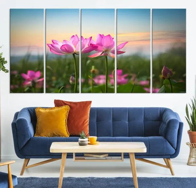 The room features a museum-quality Pink Flower on the Mountain Canvas Print, showcasing blooming pink flowers against a sunset on hand-assembled canvas.