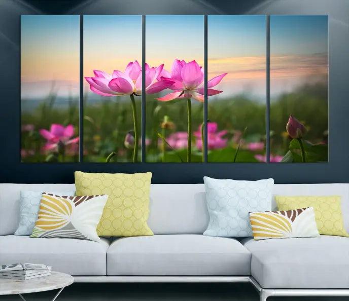 The room features a museum-quality Pink Flower on the Mountain Canvas Print, showcasing blooming pink flowers against a sunset on hand-assembled canvas.