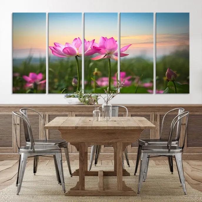 The room features a museum-quality Pink Flower on the Mountain Canvas Print, showcasing blooming pink flowers against a sunset on hand-assembled canvas.