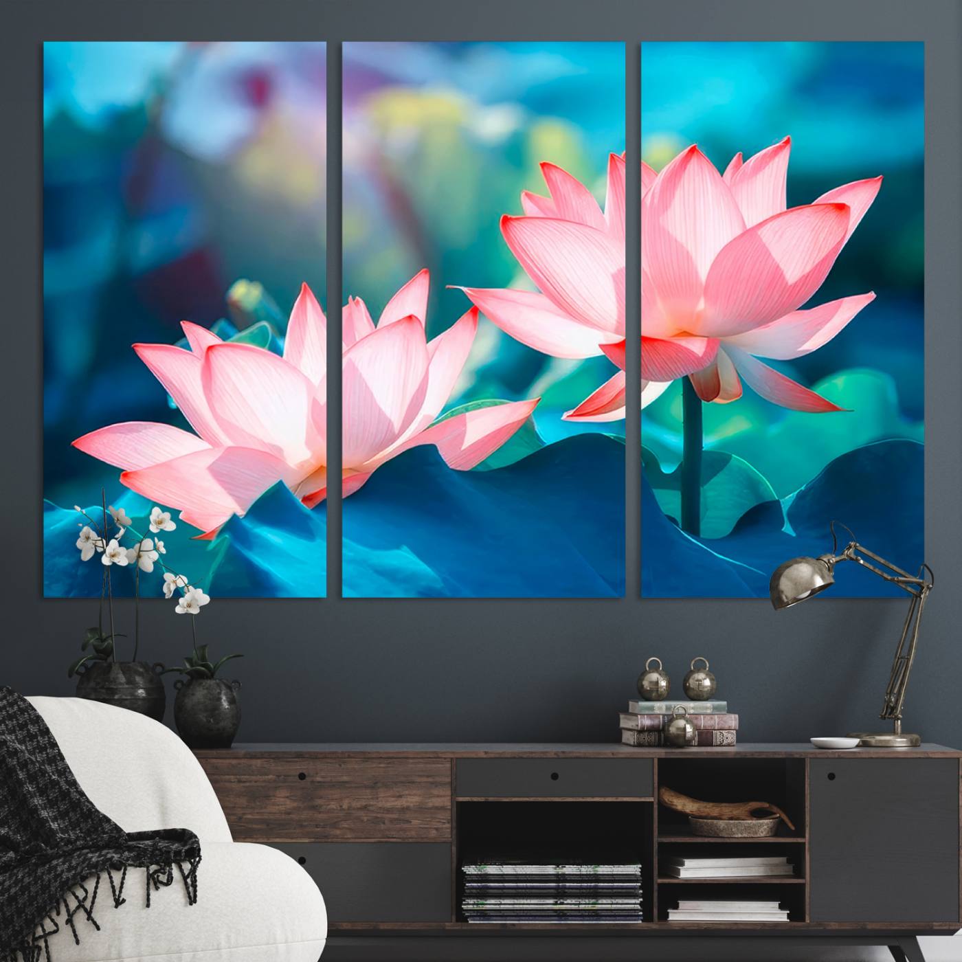 32559-MGV-CV-48X32-3P-Pink Lotus Flower Canvas Wall Art | Vibrant Floral Wall Decor for Living Room, Office, or Bedroom | Large Botanical Art
