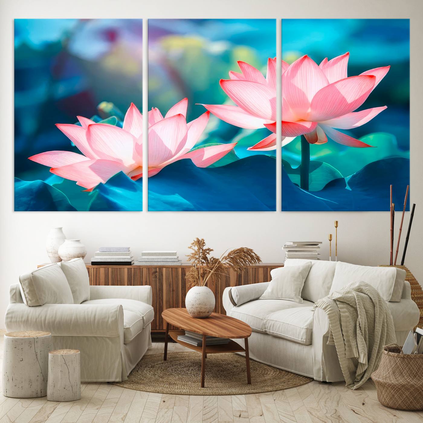 32559-MGV-CV-60X30-3P-Pink Lotus Flower Canvas Wall Art | Vibrant Floral Wall Decor for Living Room, Office, or Bedroom | Large Botanical Art