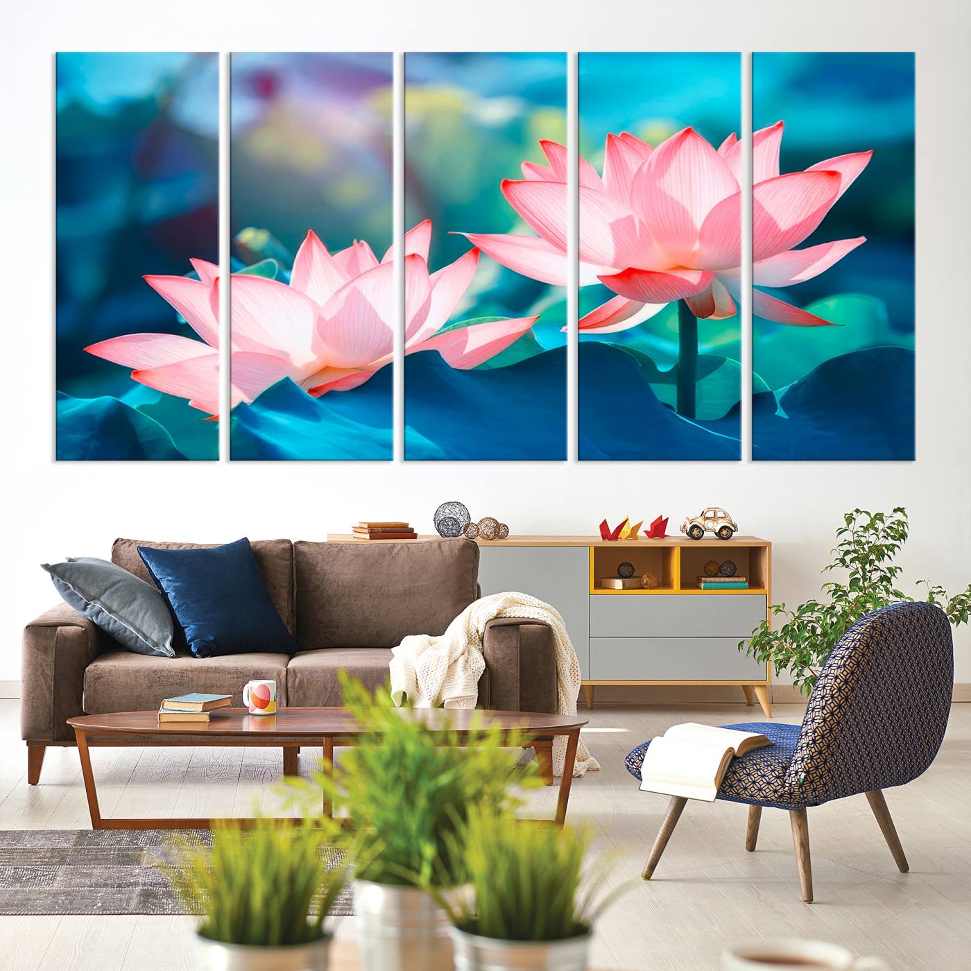 32559-MGV-CV-60X31-5P-Pink Lotus Flower Canvas Wall Art | Vibrant Floral Wall Decor for Living Room, Office, or Bedroom | Large Botanical Art