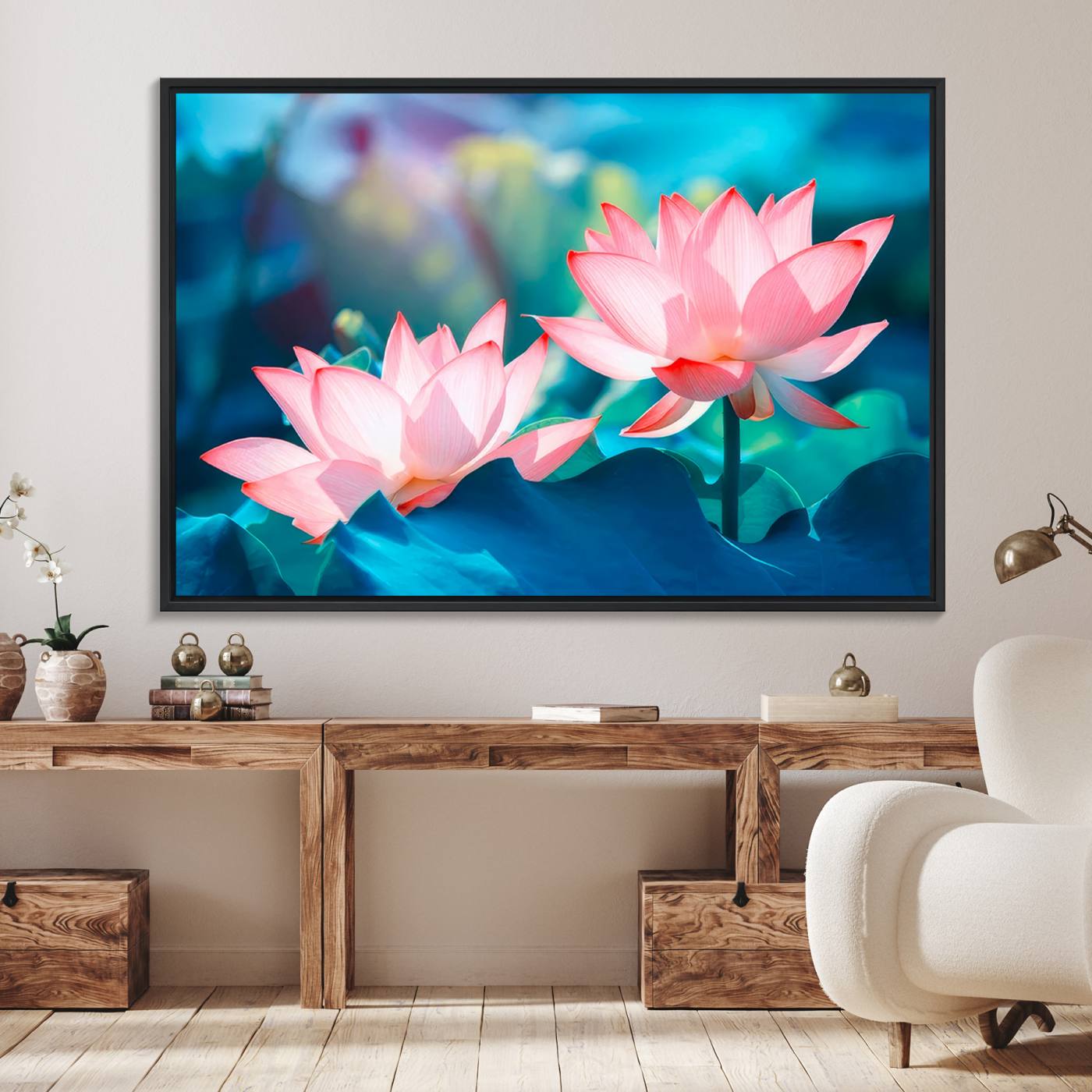32559-MGV-FC-36X24_Black-Pink Lotus Flower Canvas Wall Art | Vibrant Floral Wall Decor for Living Room, Office, or Bedroom | Large Botanical Art