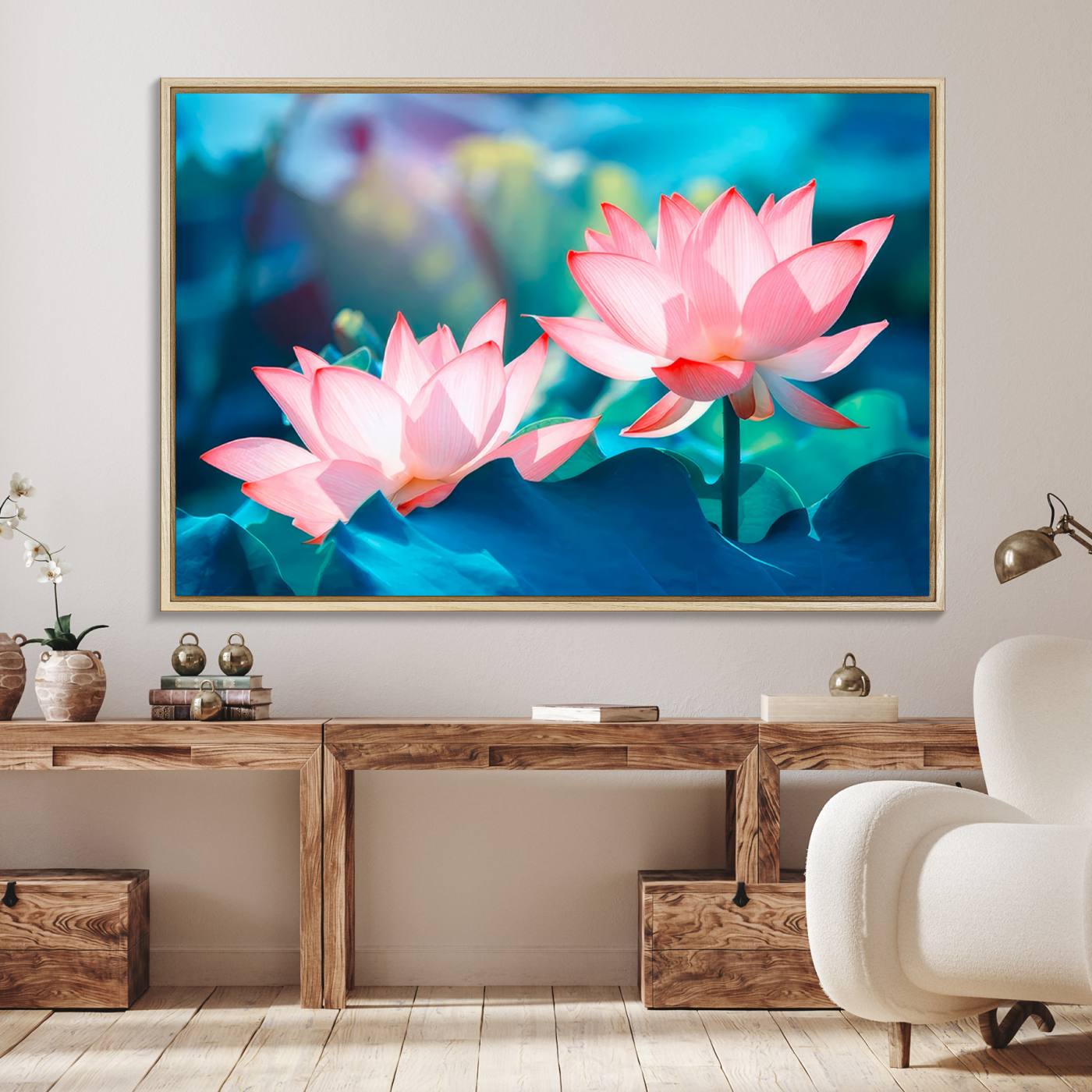 32559-MGV-FC-36X24_Natural-Pink Lotus Flower Canvas Wall Art | Vibrant Floral Wall Decor for Living Room, Office, or Bedroom | Large Botanical Art