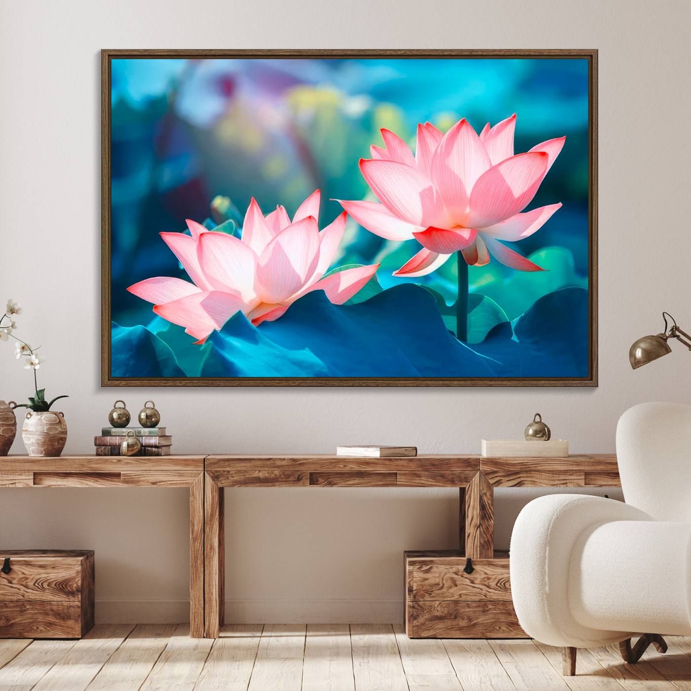 32559-MGV-FC-36X24_Walnut-Pink Lotus Flower Canvas Wall Art | Vibrant Floral Wall Decor for Living Room, Office, or Bedroom | Large Botanical Art