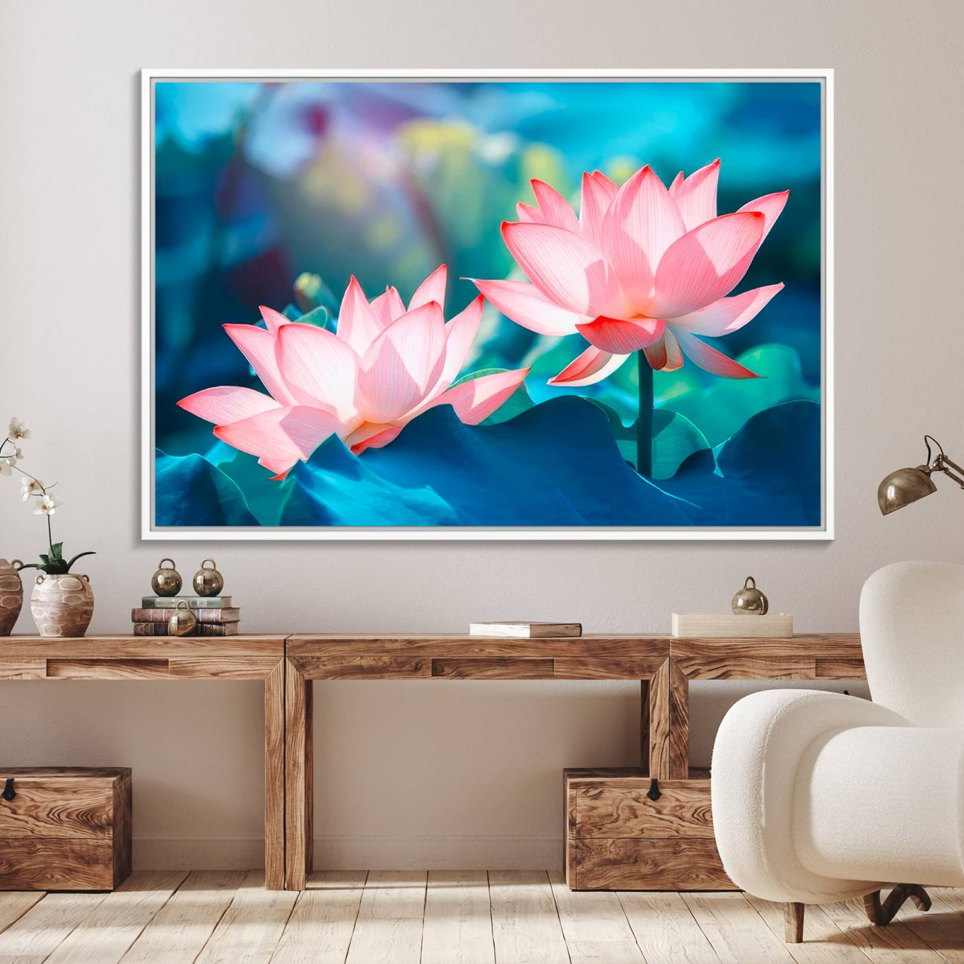 32559-MGV-FC-36X24_White-Pink Lotus Flower Canvas Wall Art | Vibrant Floral Wall Decor for Living Room, Office, or Bedroom | Large Botanical Art