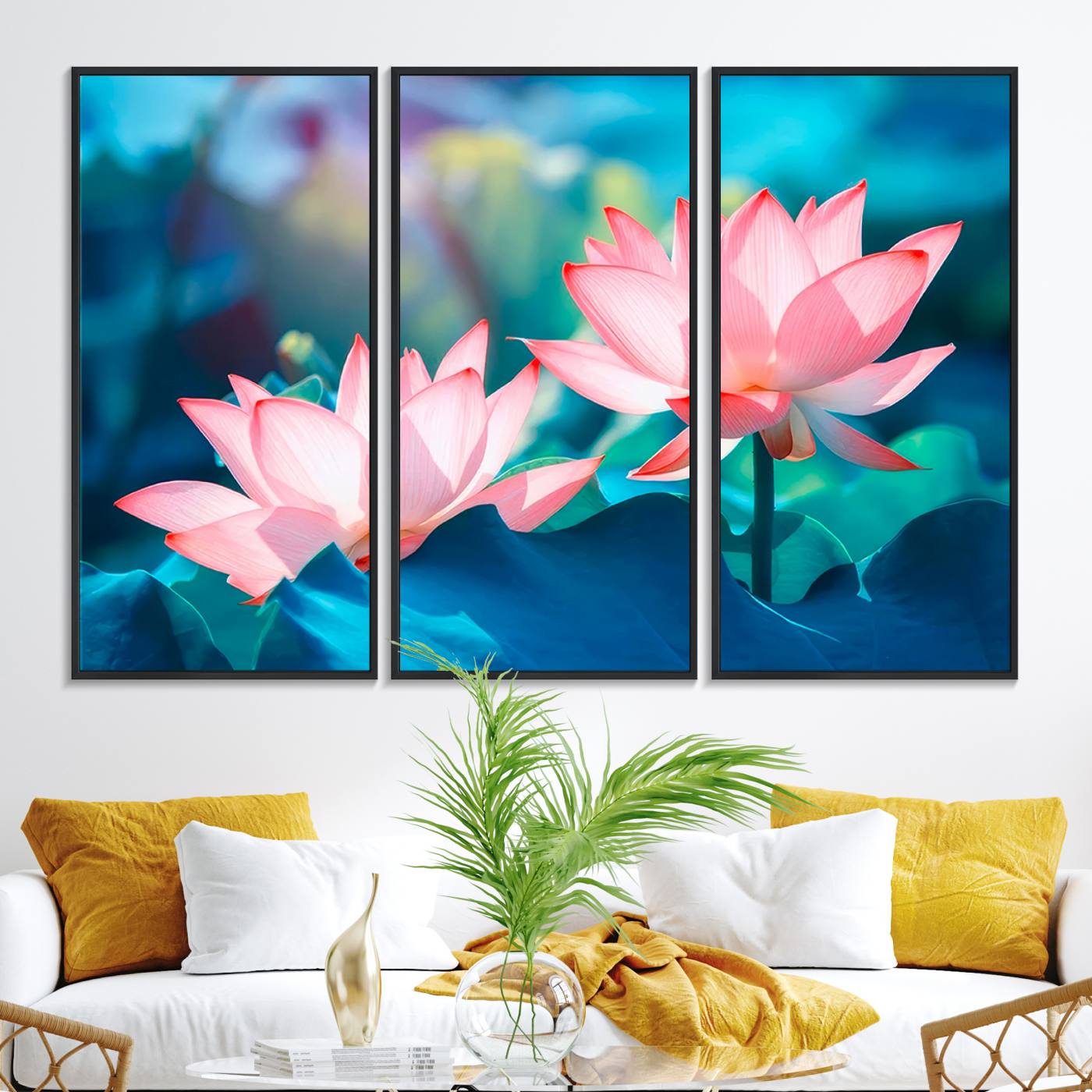 32559-MGV-FC-48X32-3P_Black-Pink Lotus Flower Canvas Wall Art | Vibrant Floral Wall Decor for Living Room, Office, or Bedroom | Large Botanical Art
