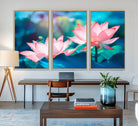 32559-MGV-FC-48X32-3P_Natural-Pink Lotus Flower Canvas Wall Art | Vibrant Floral Wall Decor for Living Room, Office, or Bedroom | Large Botanical Art