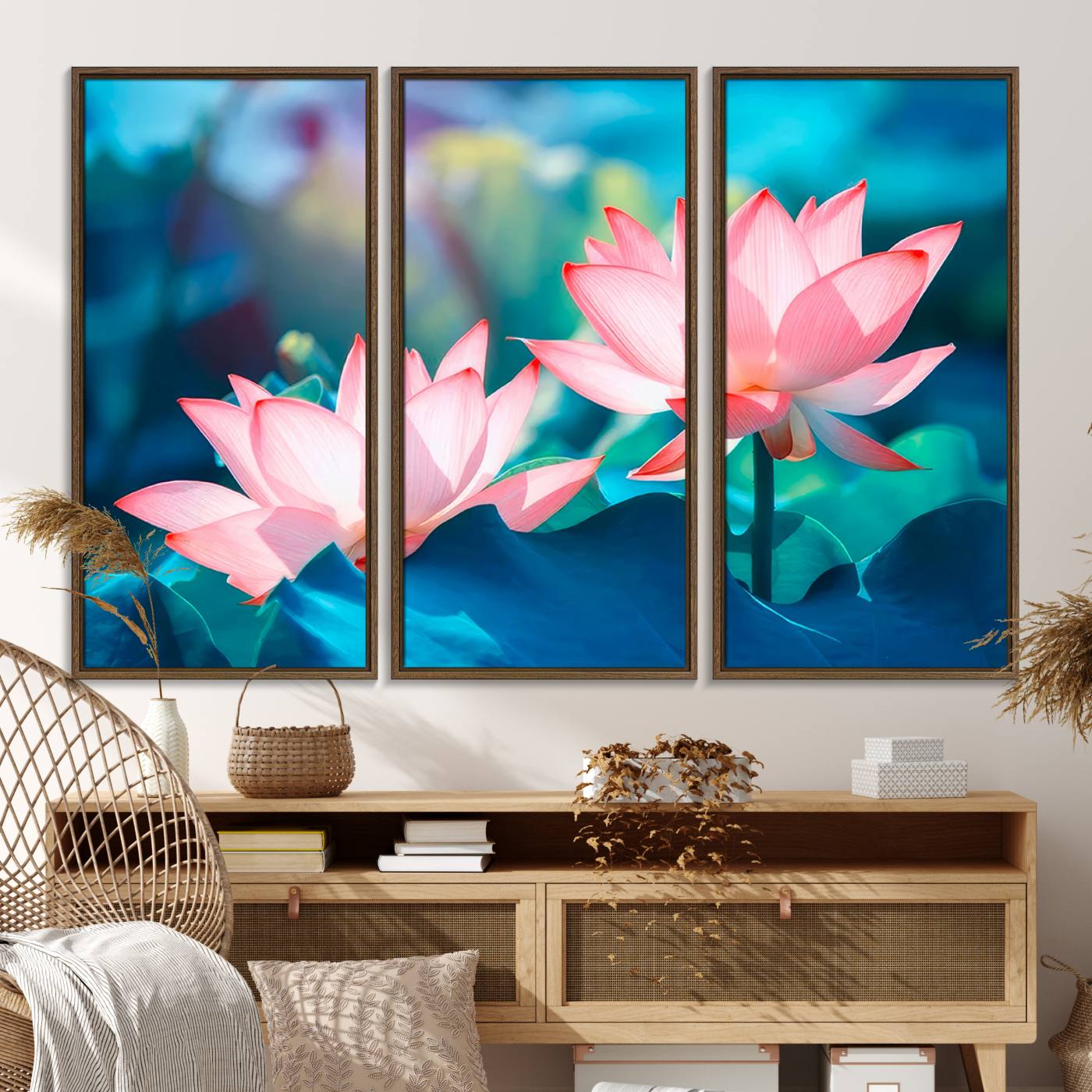 32559-MGV-FC-48X32-3P_Walnut-Pink Lotus Flower Canvas Wall Art | Vibrant Floral Wall Decor for Living Room, Office, or Bedroom | Large Botanical Art