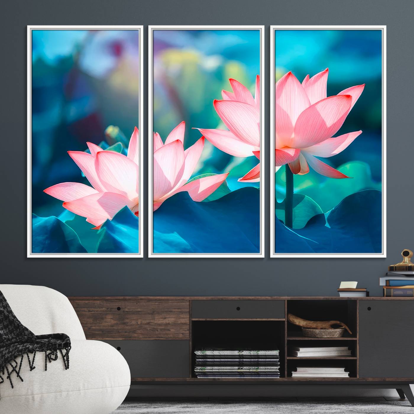 32559-MGV-FC-48X32-3P_White-Pink Lotus Flower Canvas Wall Art | Vibrant Floral Wall Decor for Living Room, Office, or Bedroom | Large Botanical Art