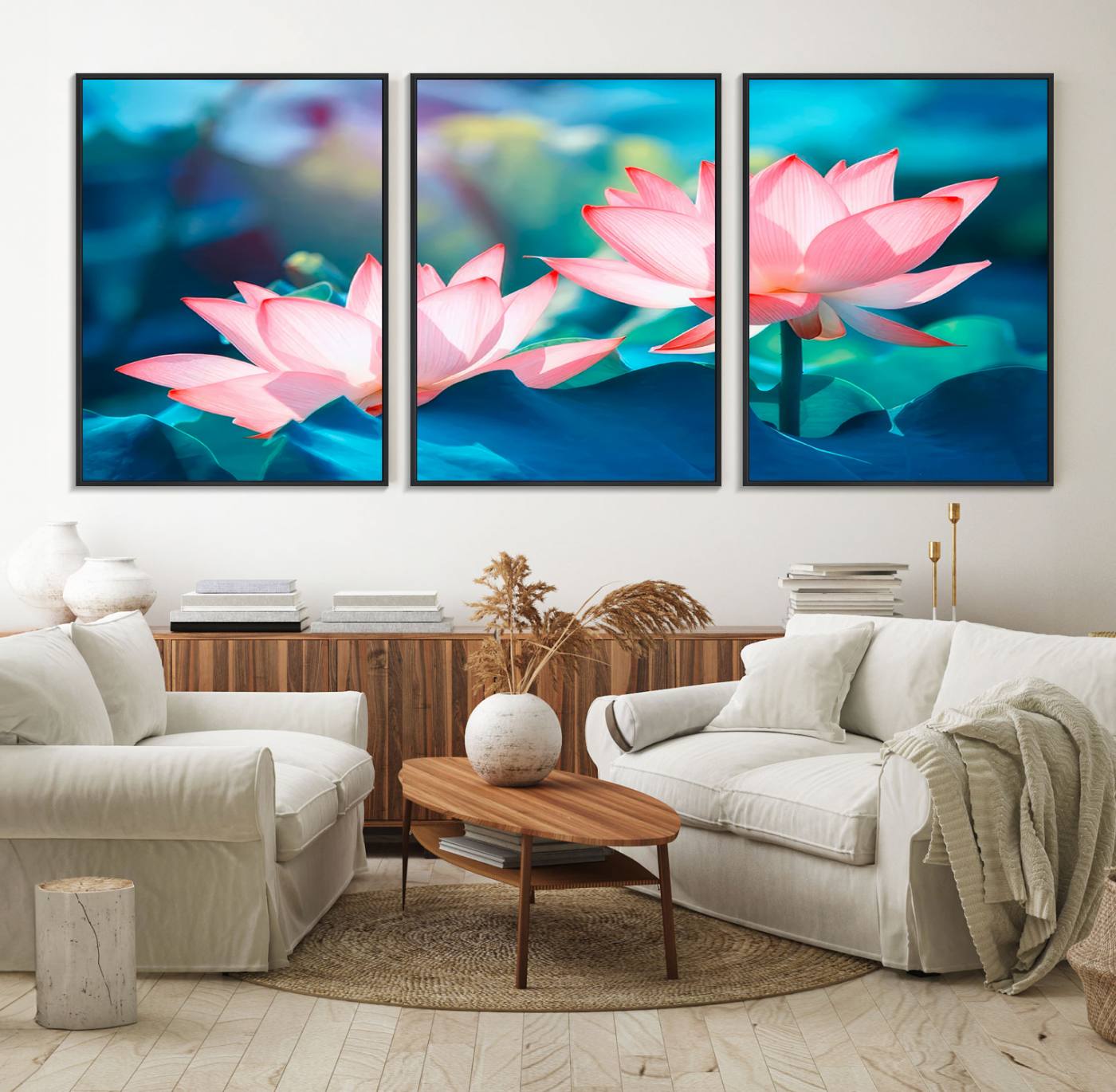 32559-MGV-FC-60X30-3P_Black-Pink Lotus Flower Canvas Wall Art | Vibrant Floral Wall Decor for Living Room, Office, or Bedroom | Large Botanical Art
