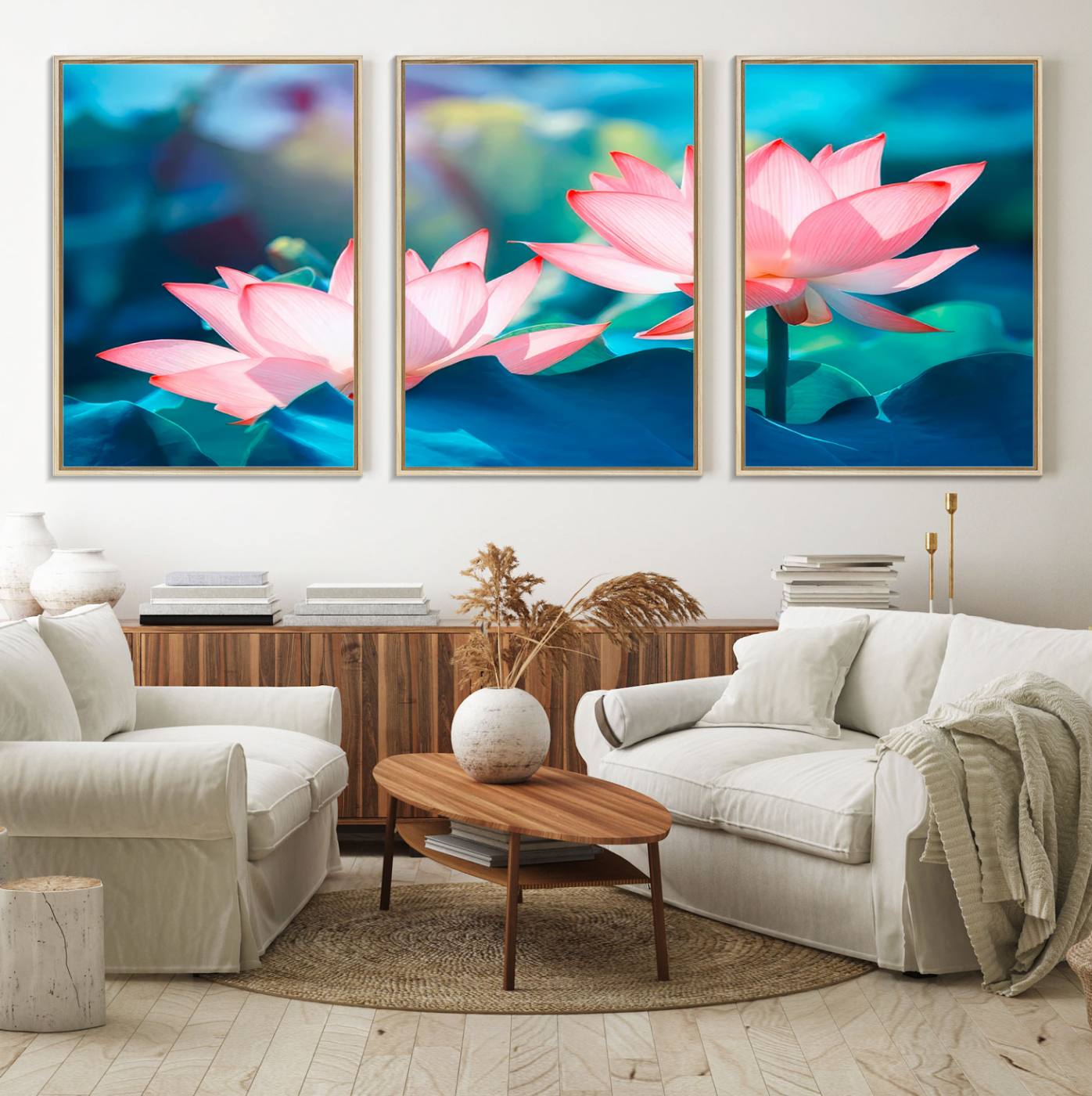 32559-MGV-FC-60X30-3P_Natural-Pink Lotus Flower Canvas Wall Art | Vibrant Floral Wall Decor for Living Room, Office, or Bedroom | Large Botanical Art