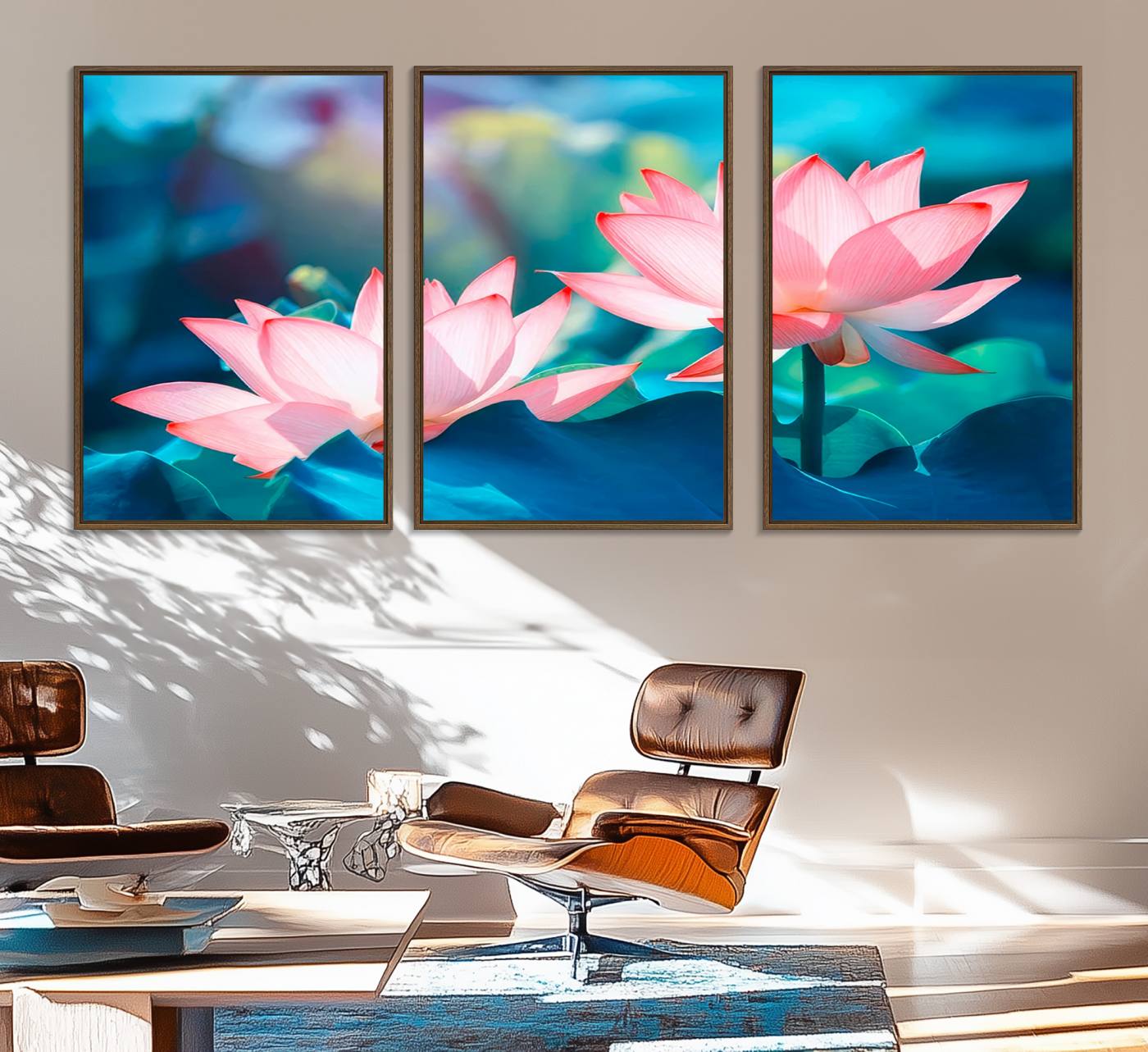 32559-MGV-FC-60X30-3P_Walnut-Pink Lotus Flower Canvas Wall Art | Vibrant Floral Wall Decor for Living Room, Office, or Bedroom | Large Botanical Art