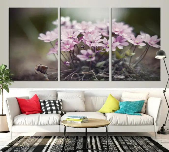 The Pink Wild Flower Canvas Print is a museum-quality artwork featuring pink flowers on canvases in three panels, all ready to hang.