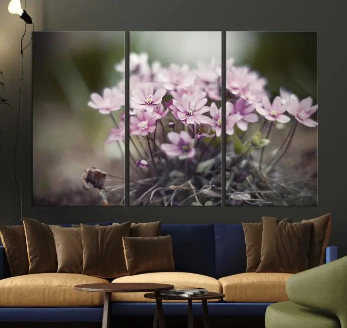 The Pink Wild Flower Canvas Print is a museum-quality artwork featuring pink flowers on canvases in three panels, all ready to hang.