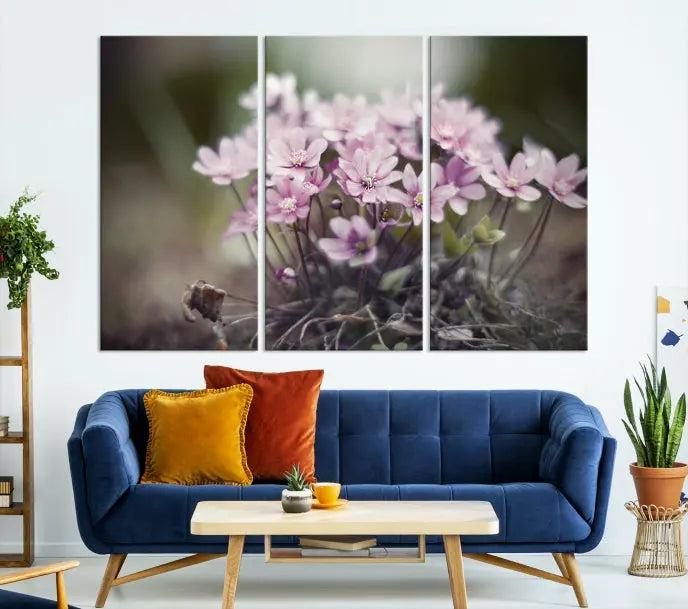 The Pink Wild Flower Canvas Print is a museum-quality artwork featuring pink flowers on canvases in three panels, all ready to hang.