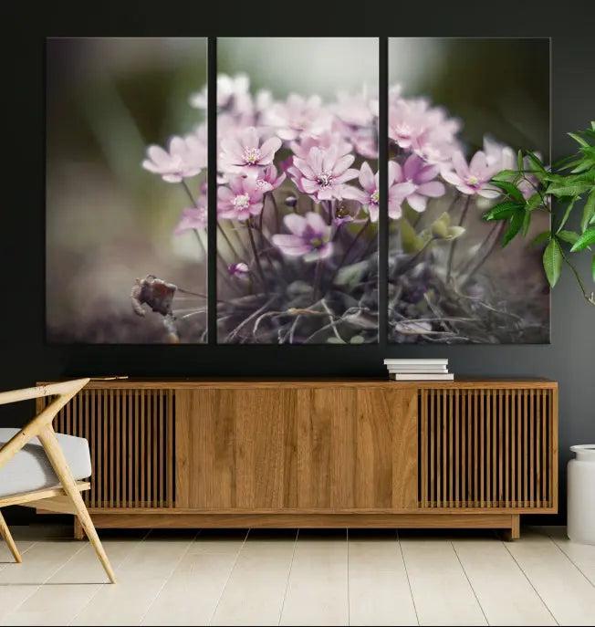 The Pink Wild Flower Canvas Print is a museum-quality artwork featuring pink flowers on canvases in three panels, all ready to hang.