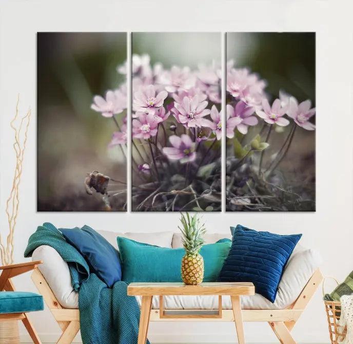 The Pink Wild Flower Canvas Print is a museum-quality artwork featuring pink flowers on canvases in three panels, all ready to hang.