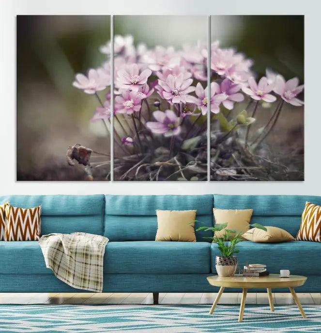 The Pink Wild Flower Canvas Print is a museum-quality artwork featuring pink flowers on canvases in three panels, all ready to hang.