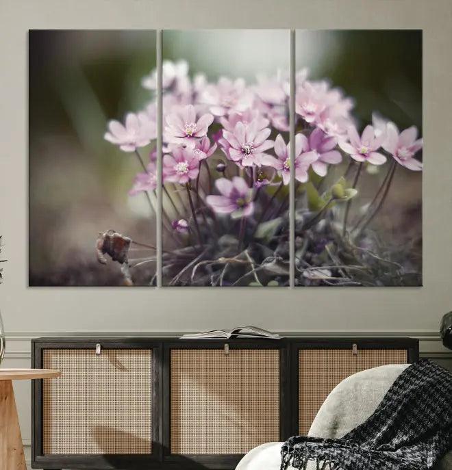 The Pink Wild Flower Canvas Print is a museum-quality artwork featuring pink flowers on canvases in three panels, all ready to hang.