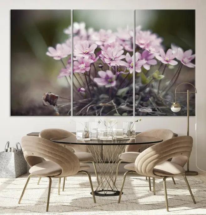 The Pink Wild Flower Canvas Print is a museum-quality artwork featuring pink flowers on canvases in three panels, all ready to hang.