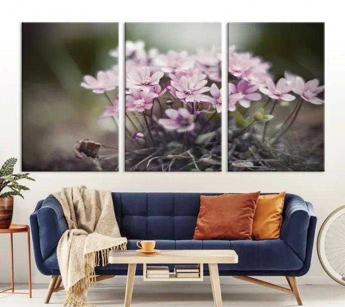 The Pink Wild Flower Canvas Print is a museum-quality artwork featuring pink flowers on canvases in three panels, all ready to hang.