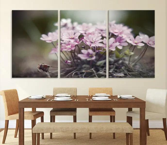 The Pink Wild Flower Canvas Print is a museum-quality artwork featuring pink flowers on canvases in three panels, all ready to hang.