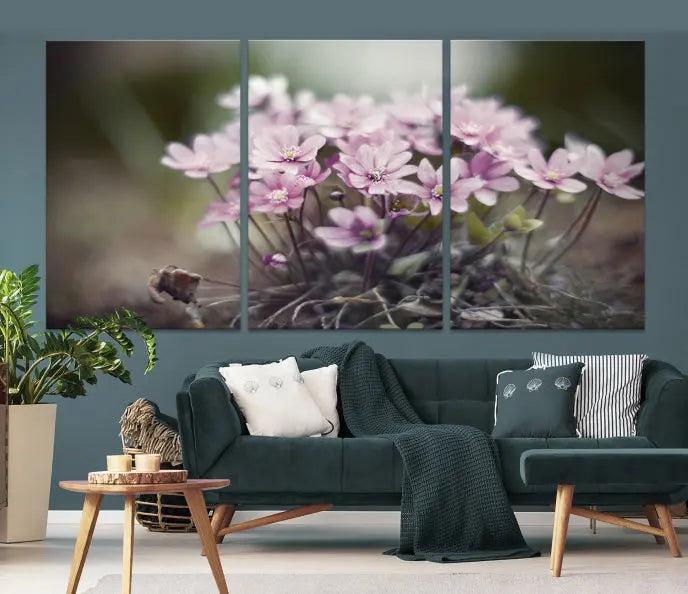 The Pink Wild Flower Canvas Print is a museum-quality artwork featuring pink flowers on canvases in three panels, all ready to hang.