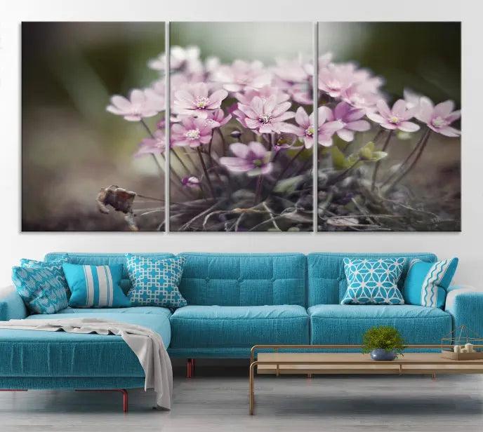 The Pink Wild Flower Canvas Print is a museum-quality artwork featuring pink flowers on canvases in three panels, all ready to hang.