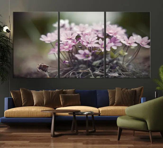 The Pink Wild Flower Canvas Print is a museum-quality artwork featuring pink flowers on canvases in three panels, all ready to hang.