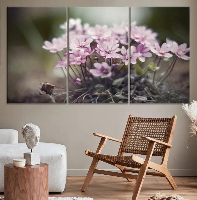 The Pink Wild Flower Canvas Print is a museum-quality artwork featuring pink flowers on canvases in three panels, all ready to hang.