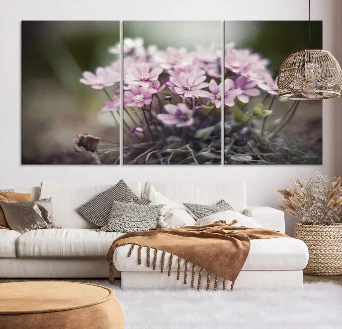 The Pink Wild Flower Canvas Print is a museum-quality artwork featuring pink flowers on canvases in three panels, all ready to hang.