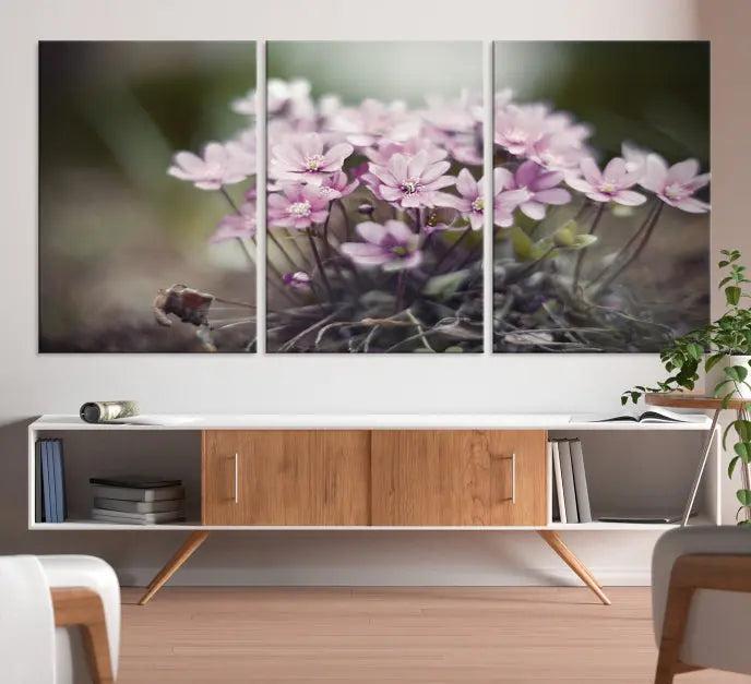 The Pink Wild Flower Canvas Print is a museum-quality artwork featuring pink flowers on canvases in three panels, all ready to hang.