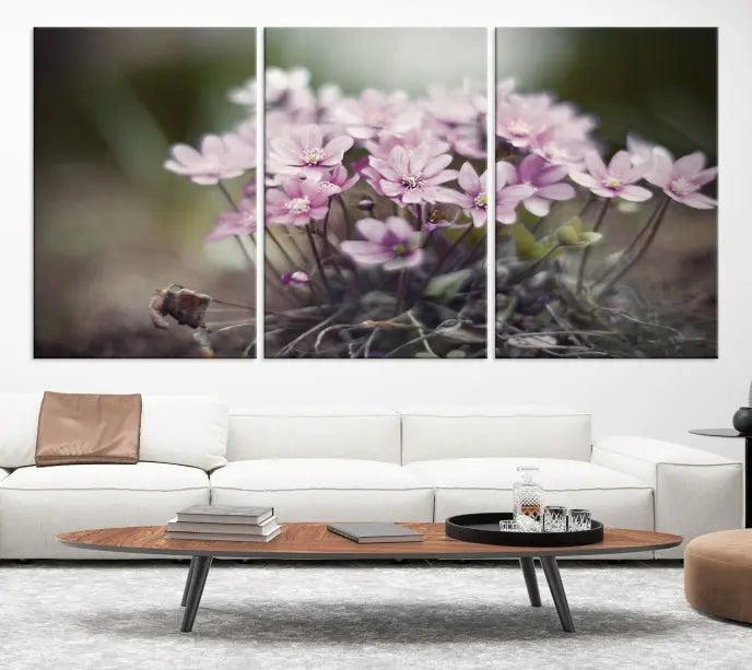 The Pink Wild Flower Canvas Print is a museum-quality artwork featuring pink flowers on canvases in three panels, all ready to hang.