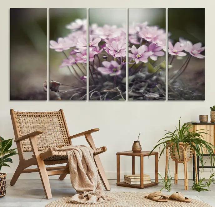 The Pink Wild Flower Canvas Print is a museum-quality artwork featuring pink flowers on canvases in three panels, all ready to hang.