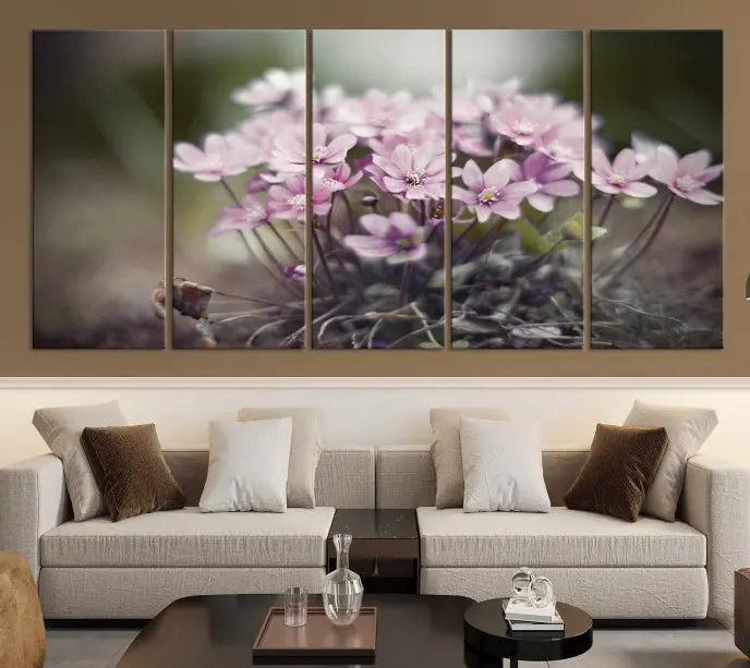 The Pink Wild Flower Canvas Print is a museum-quality artwork featuring pink flowers on canvases in three panels, all ready to hang.