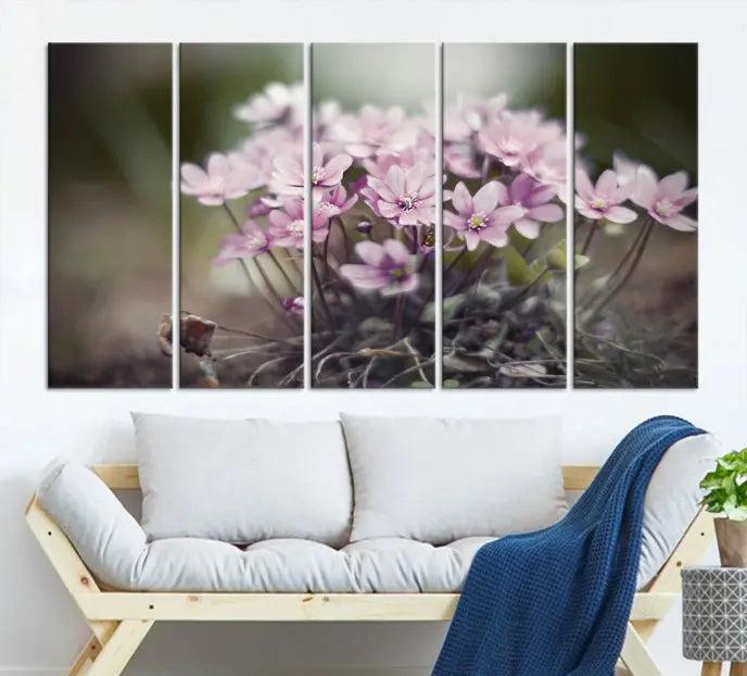 The Pink Wild Flower Canvas Print is a museum-quality artwork featuring pink flowers on canvases in three panels, all ready to hang.