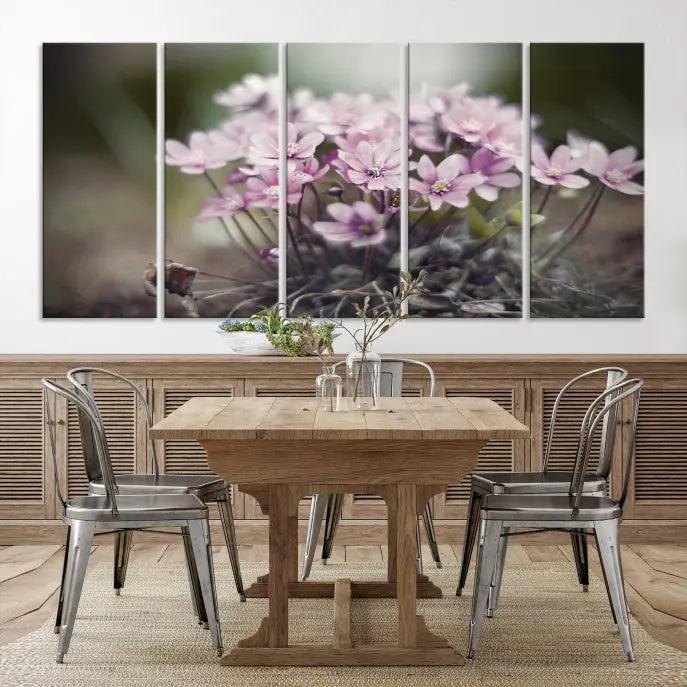 The Pink Wild Flower Canvas Print is a museum-quality artwork featuring pink flowers on canvases in three panels, all ready to hang.