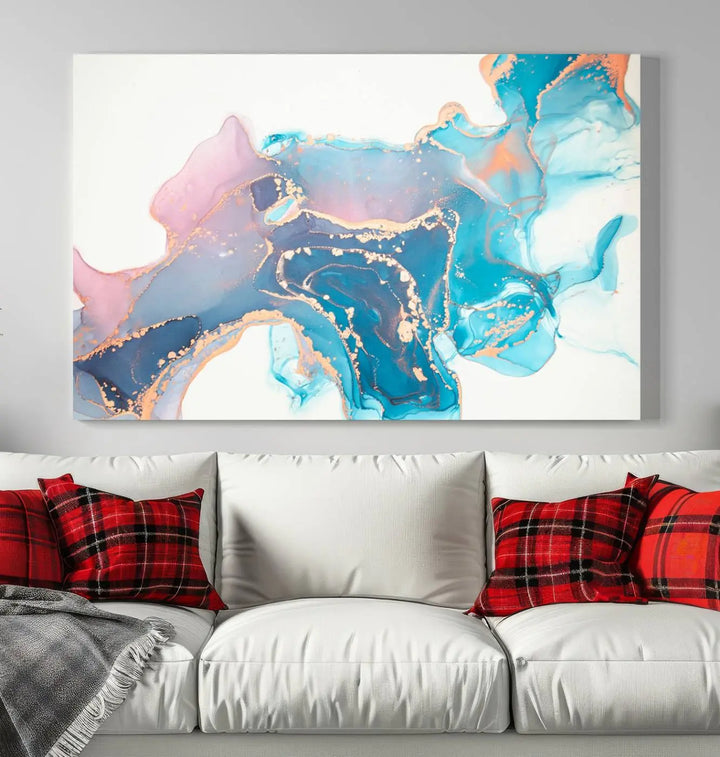 The "Pink and Blue Marble Fluid Effect Wall Art Abstract Canvas Wall Art Print," coated with UV protection, is displayed.