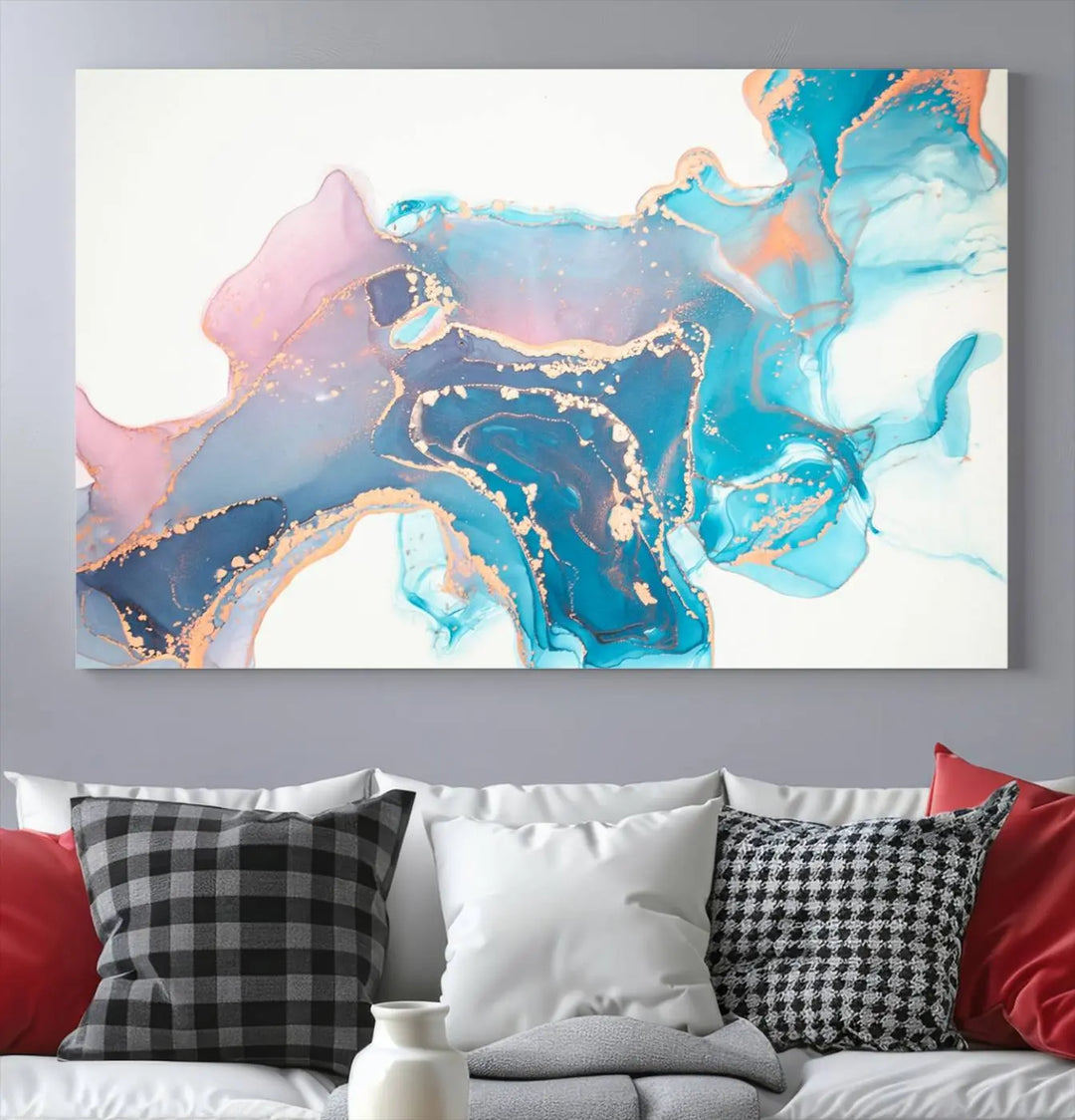 The "Pink and Blue Marble Fluid Effect Wall Art Abstract Canvas Wall Art Print," coated with UV protection, is displayed.