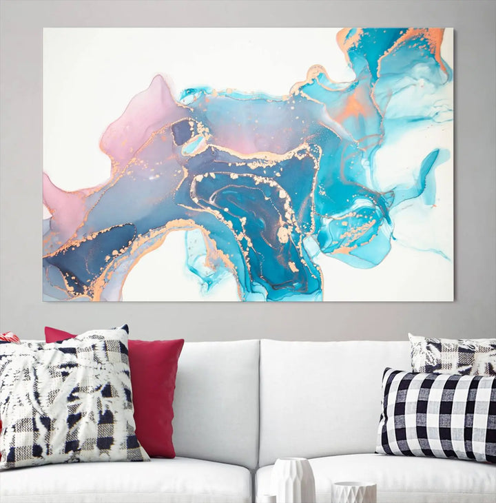 The "Pink and Blue Marble Fluid Effect Wall Art Abstract Canvas Wall Art Print," coated with UV protection, is displayed.