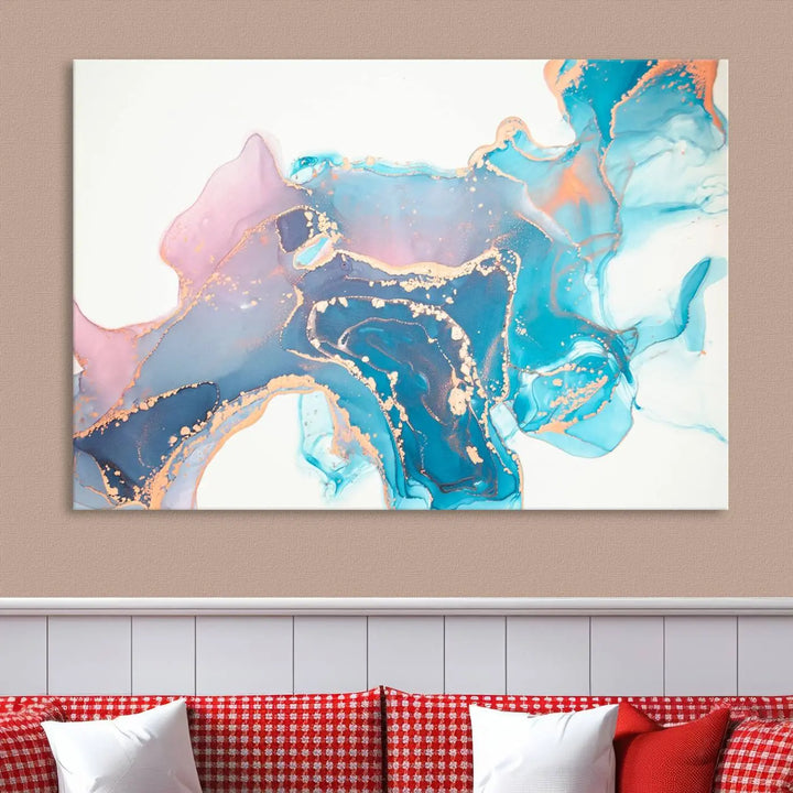 The "Pink and Blue Marble Fluid Effect Wall Art Abstract Canvas Wall Art Print," coated with UV protection, is displayed.