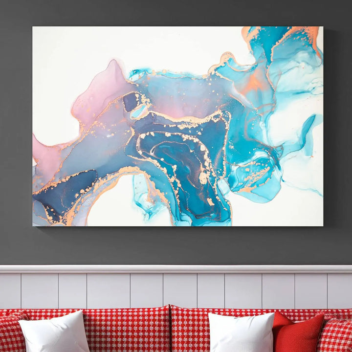 The "Pink and Blue Marble Fluid Effect Wall Art Abstract Canvas Wall Art Print," coated with UV protection, is displayed.