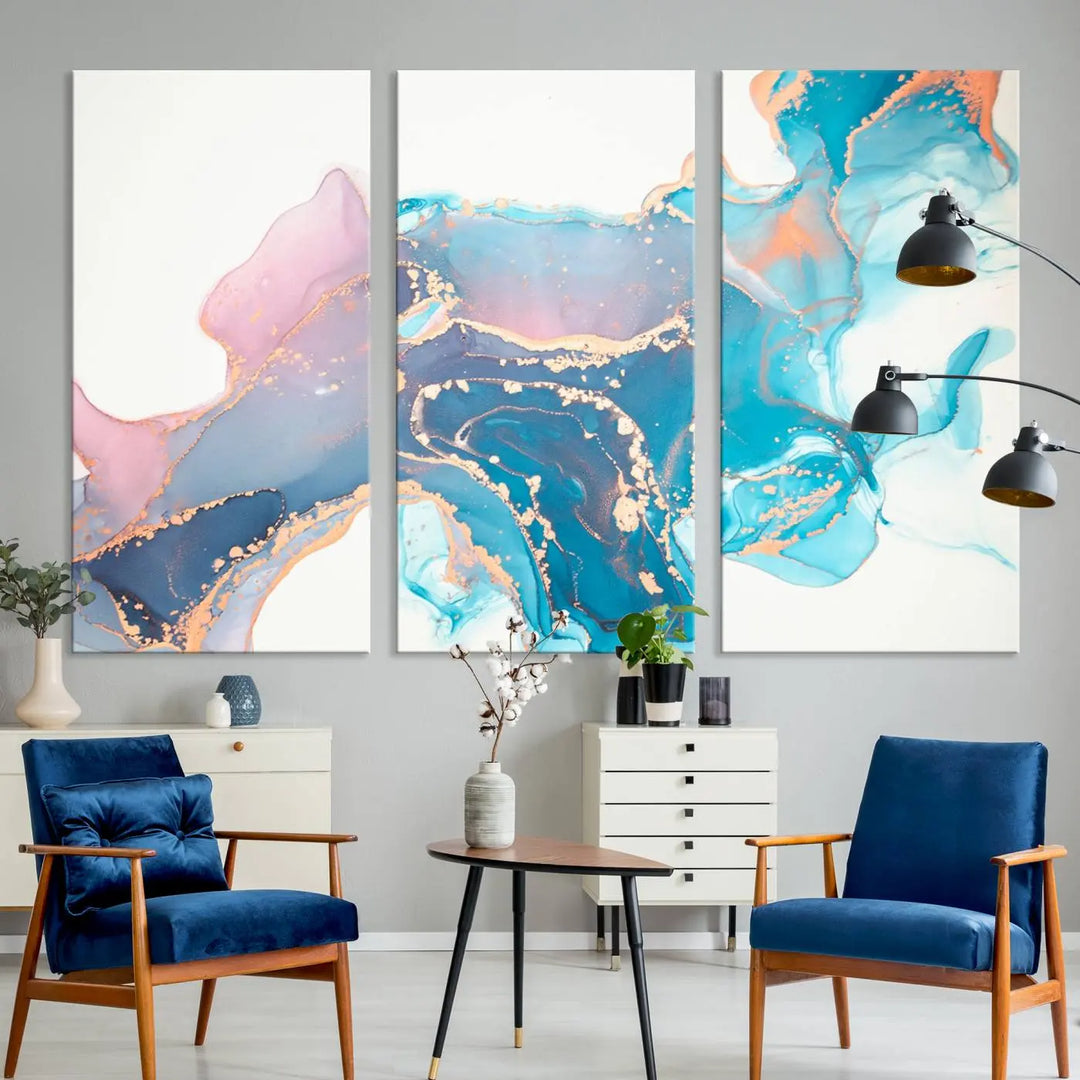 The "Pink and Blue Marble Fluid Effect Wall Art Abstract Canvas Wall Art Print," coated with UV protection, is displayed.